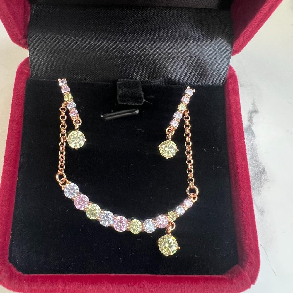Pastel Multi-Color Crystal Necklace & Dangle Earrings Set Rose Gold Tone NIB